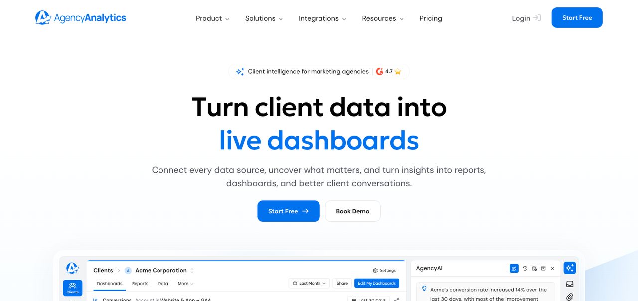 Page d'accueil d'AgencyAnalytics, plateforme de tableaux de bord et de rapports clients pour agences