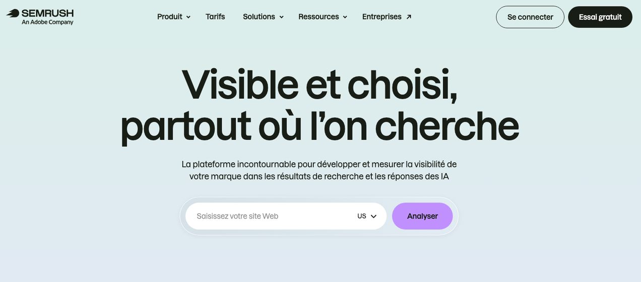 Page d'accueil de Semrush, plateforme de recherche de mots-clés, d'analyse concurrentielle et de visibilité dans l'IA