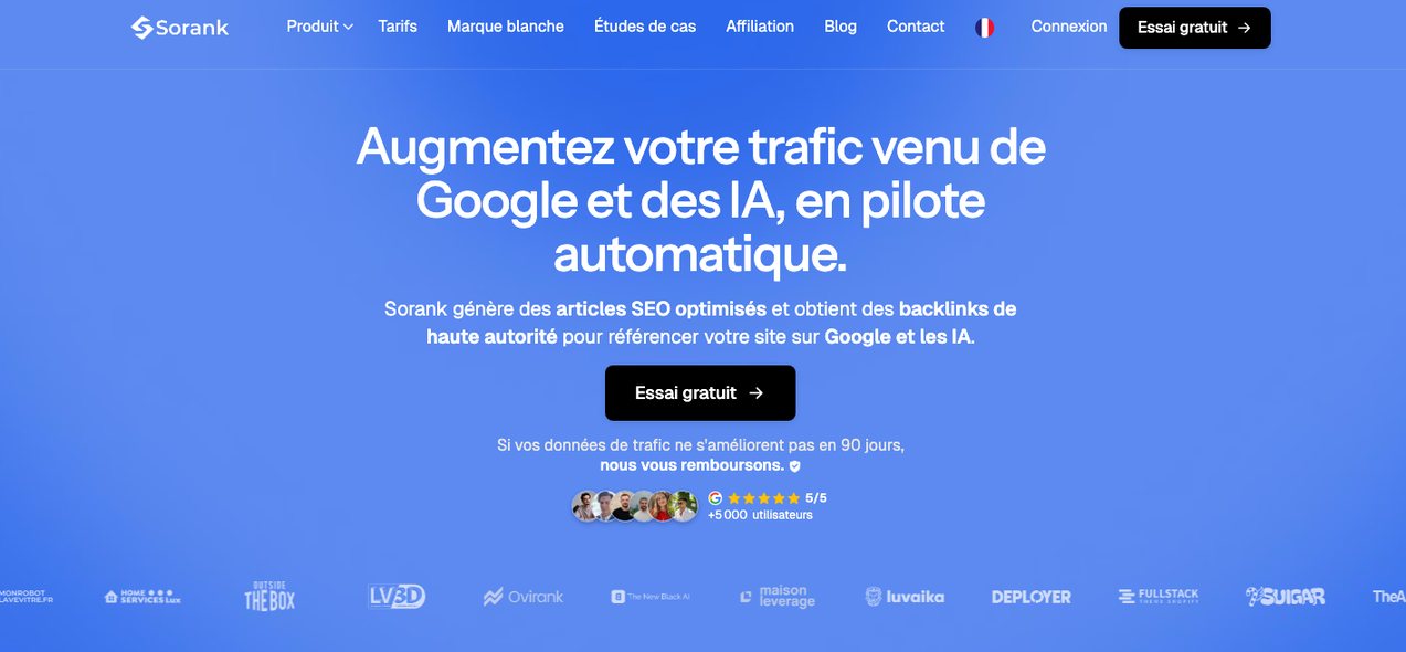 Page d'accueil de Sorank, logiciel français qui rédige et publie des articles SEO et suit la visibilité dans les IA