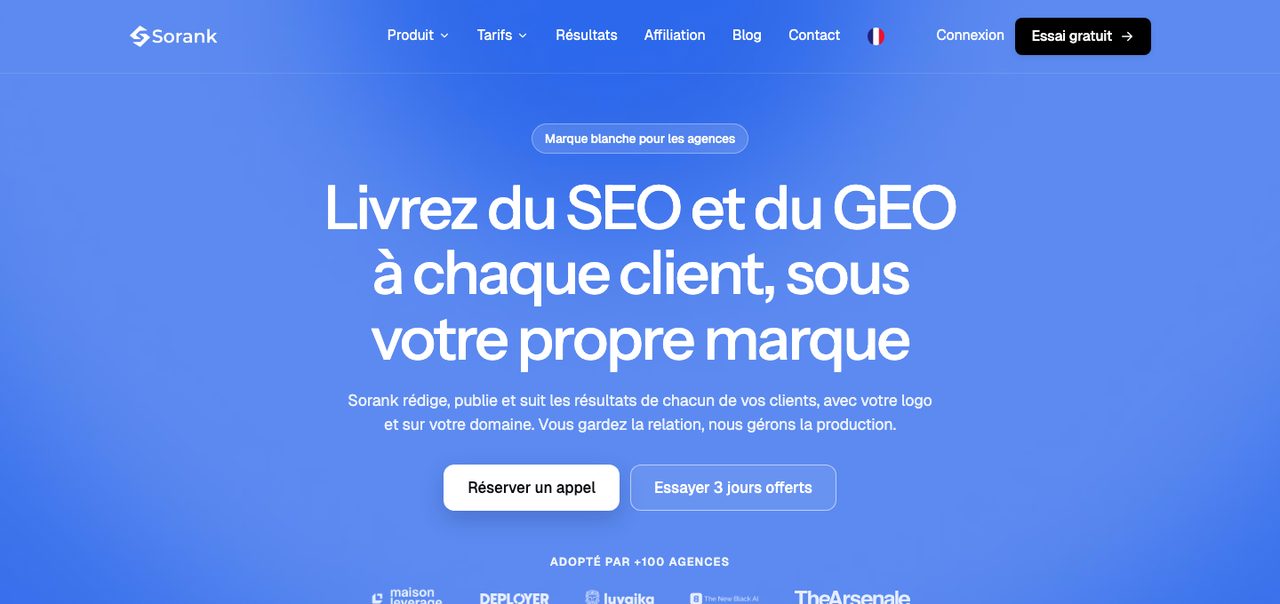 Page marque blanche de Sorank, logiciel SEO qui rédige et publie des articles pour les clients des agences